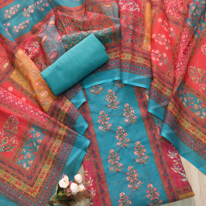 Riwayaat Colorful Moti Work Neck with Printed Cotton Linen Suit Set