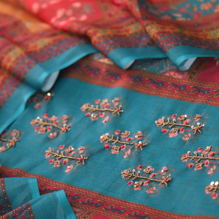 Riwayaat Colorful Moti Work Neck with Printed Cotton Linen Suit Set