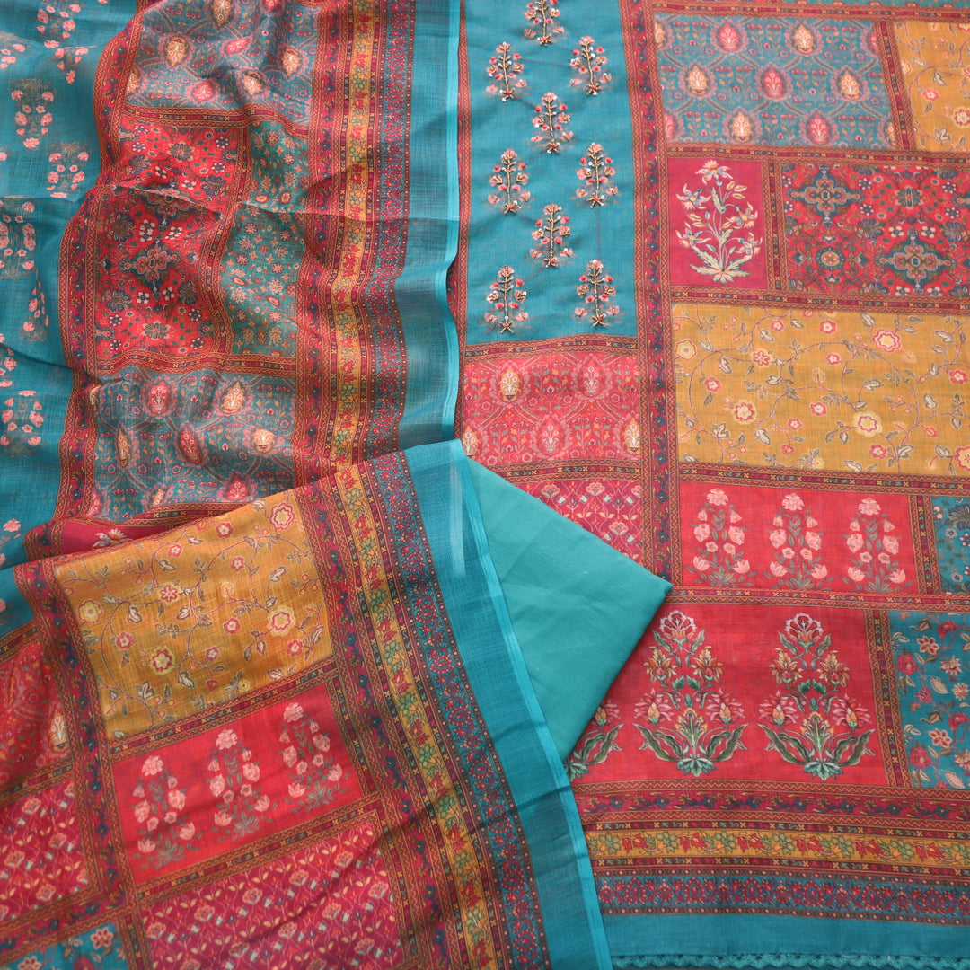 Riwayaat Colorful Moti Work Neck with Printed Cotton Linen Suit Set