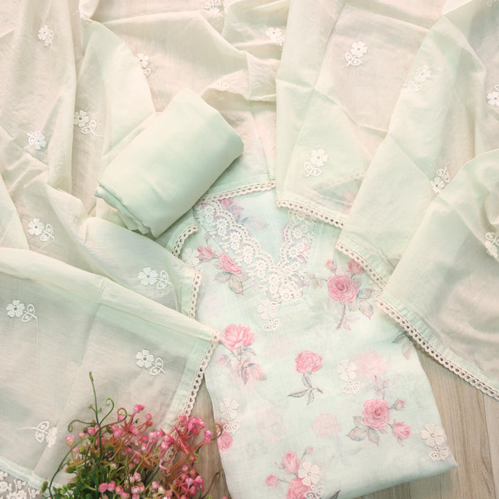 Raabta Mint Green V Neck Lace Work Floral Printed Cotton Linen Suit Set