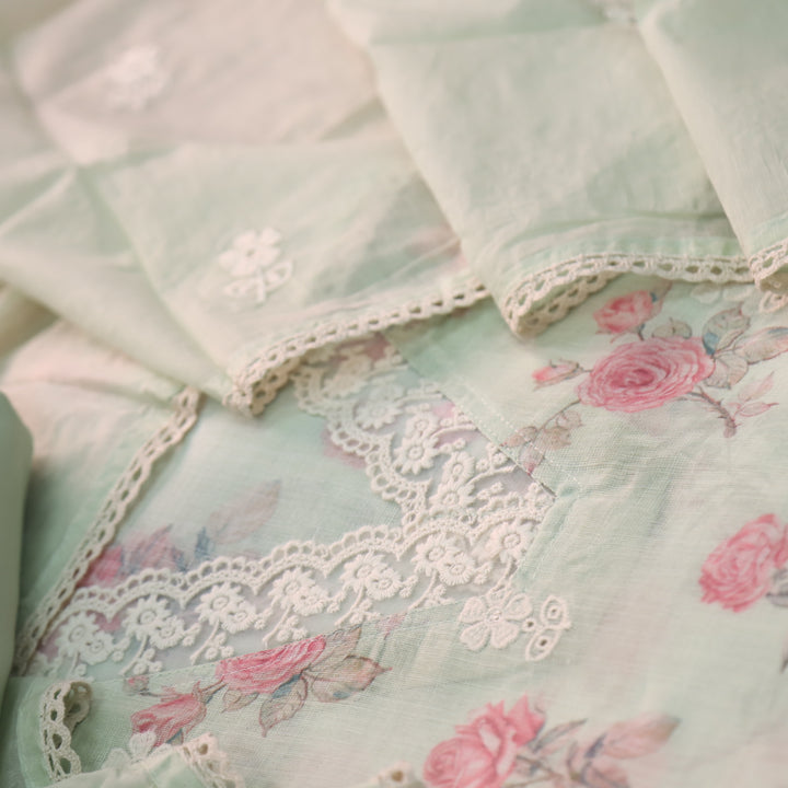 Raabta Mint Green V Neck Lace Work Floral Printed Cotton Linen Suit Set
