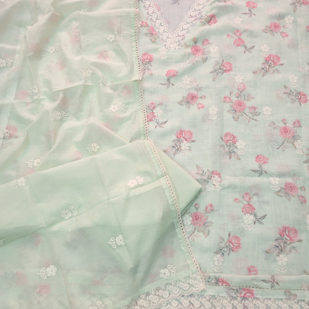 Raabta Mint Green V Neck Lace Work Floral Printed Cotton Linen Suit Set