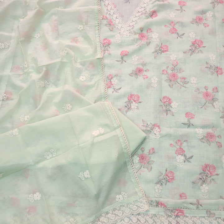 Raabta Mint Green V Neck Lace Work Floral Printed Cotton Linen Suit Set