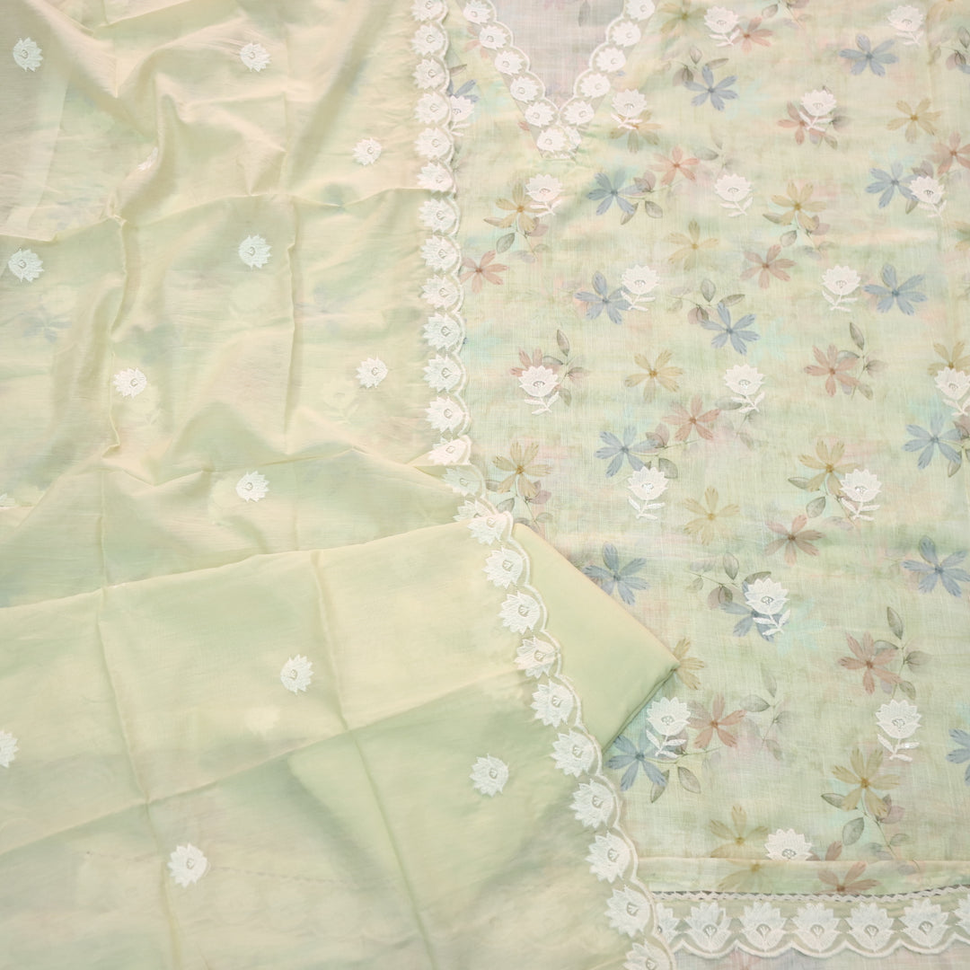 Raabta Butterscotch Yellow V Neck Lace Work Floral Printed Cotton Linen Suit Set