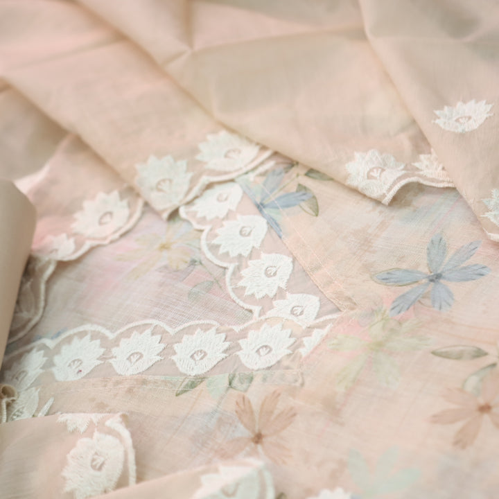 Raabta Skin Beige V Neck Lace Work Floral Printed Cotton Linen Suit Set