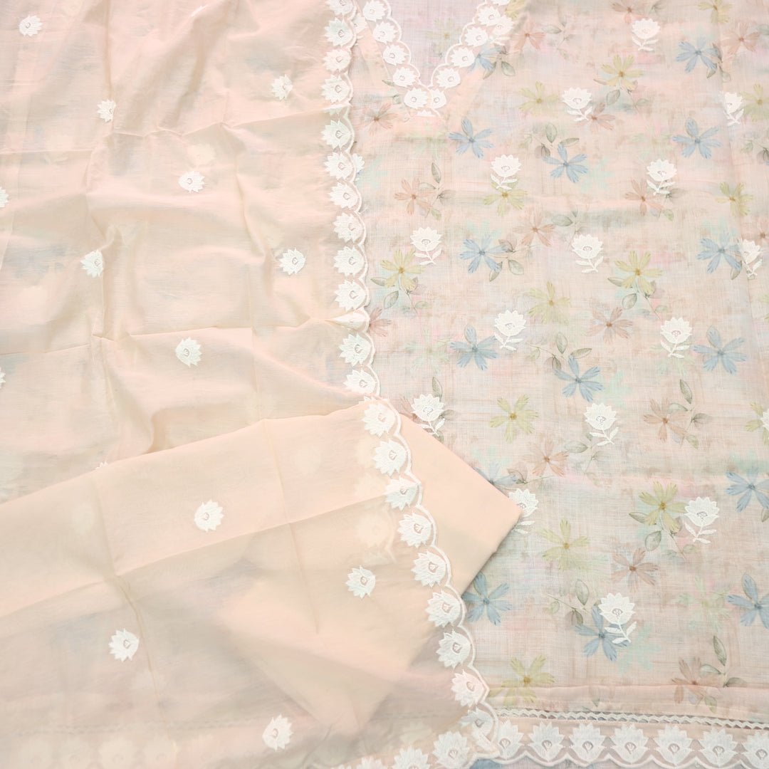 Raabta Skin Beige V Neck Lace Work Floral Printed Cotton Linen Suit Set