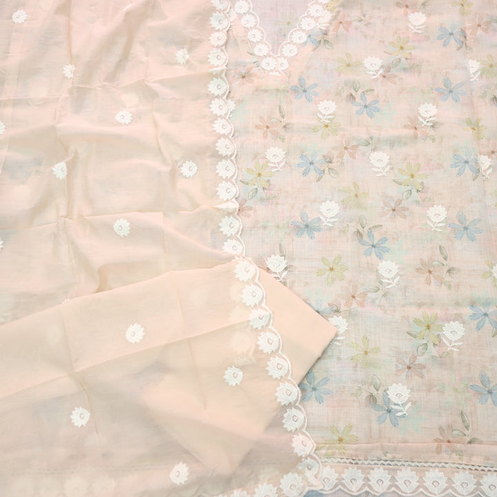 Raabta Skin Beige V Neck Lace Work Floral Printed Cotton Linen Suit Set