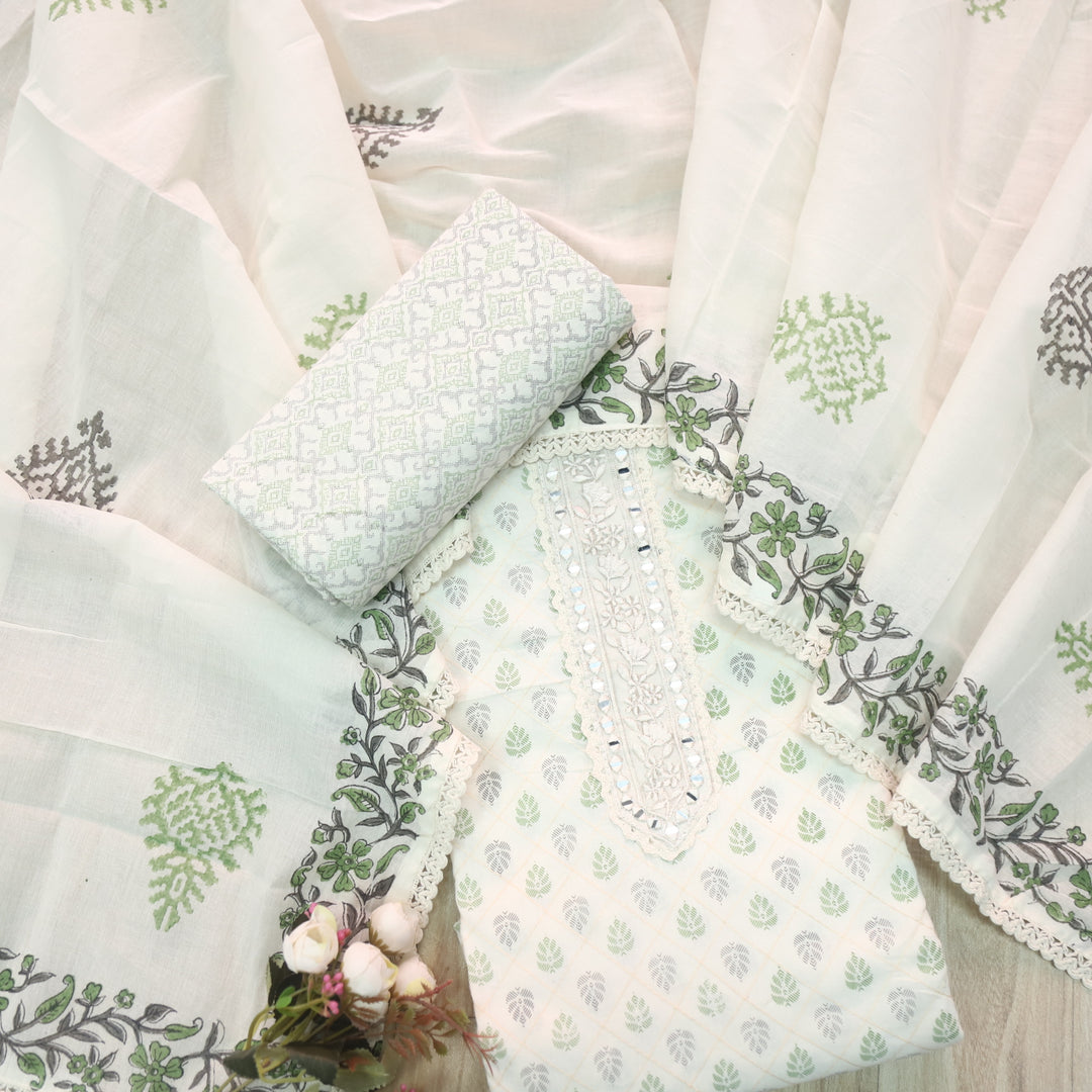 Humsafar White with Green Lace Work Printed Cotton Suit Set