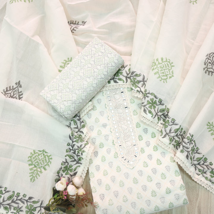 Humsafar White with Green Lace Work Printed Cotton Suit Set