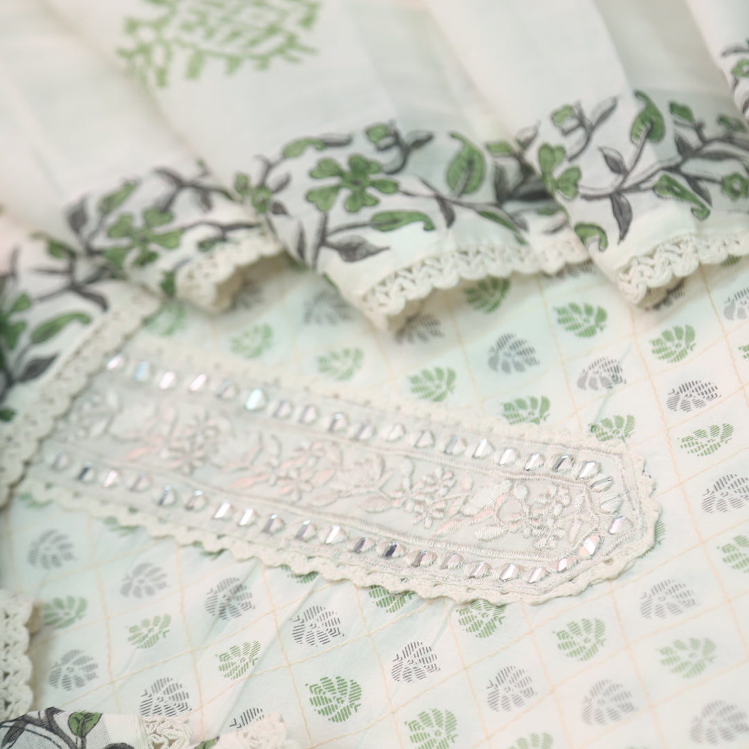 Humsafar White with Green Lace Work Printed Cotton Suit Set