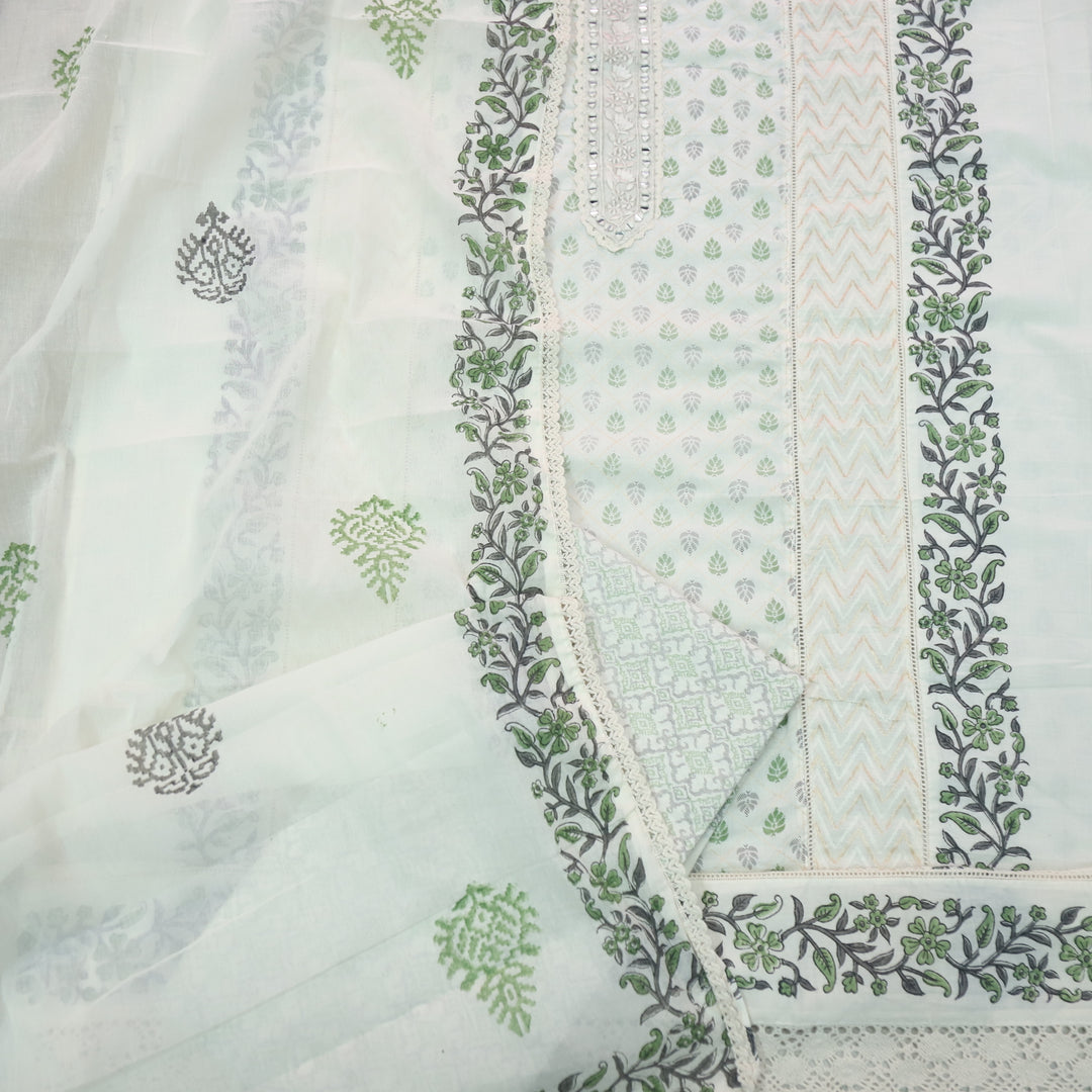 Humsafar White with Green Lace Work Printed Cotton Suit Set