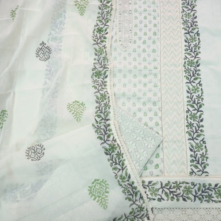 Humsafar White with Green Lace Work Printed Cotton Suit Set