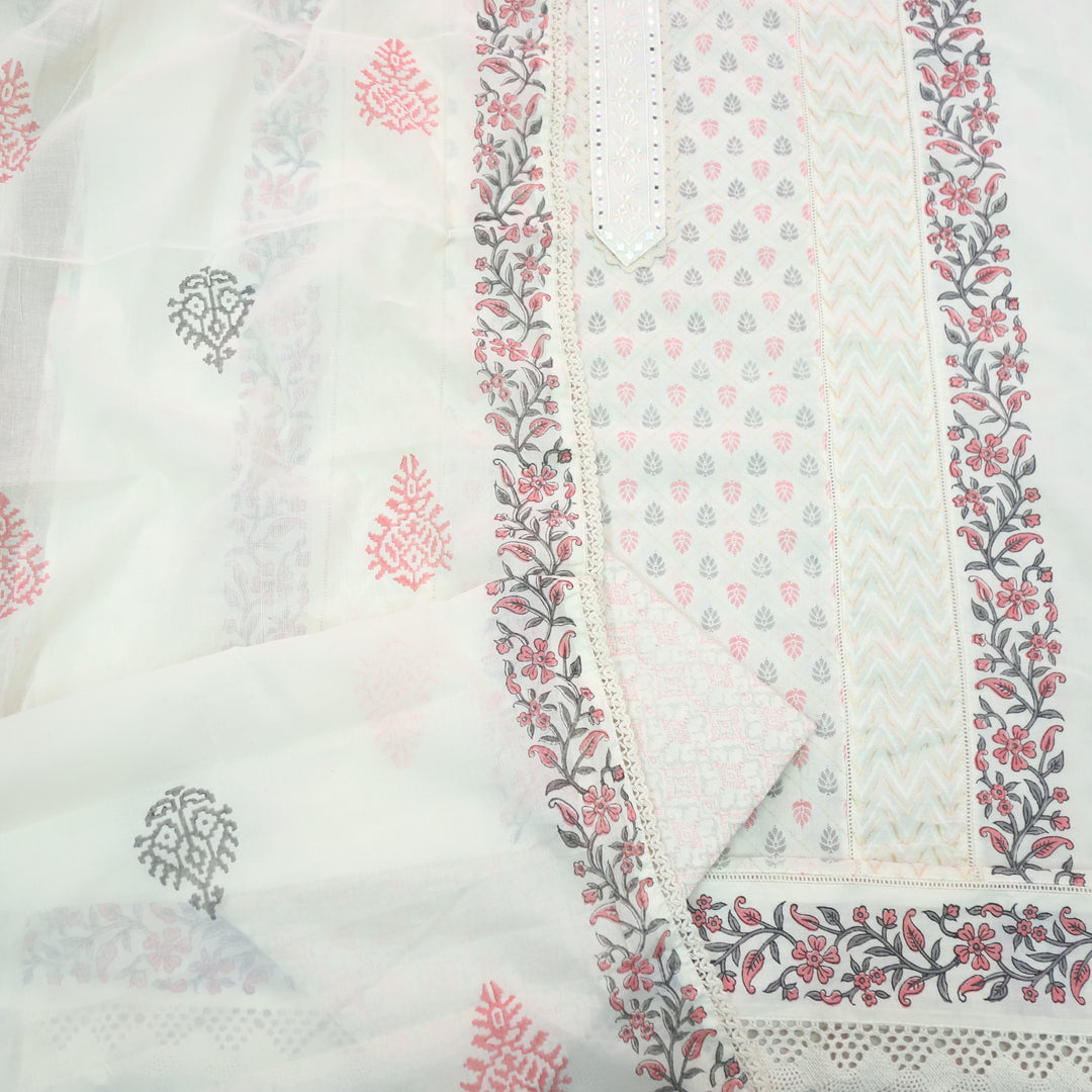 Humsafar White with Soft Pink Lace Work Printed Cotton Suit Set