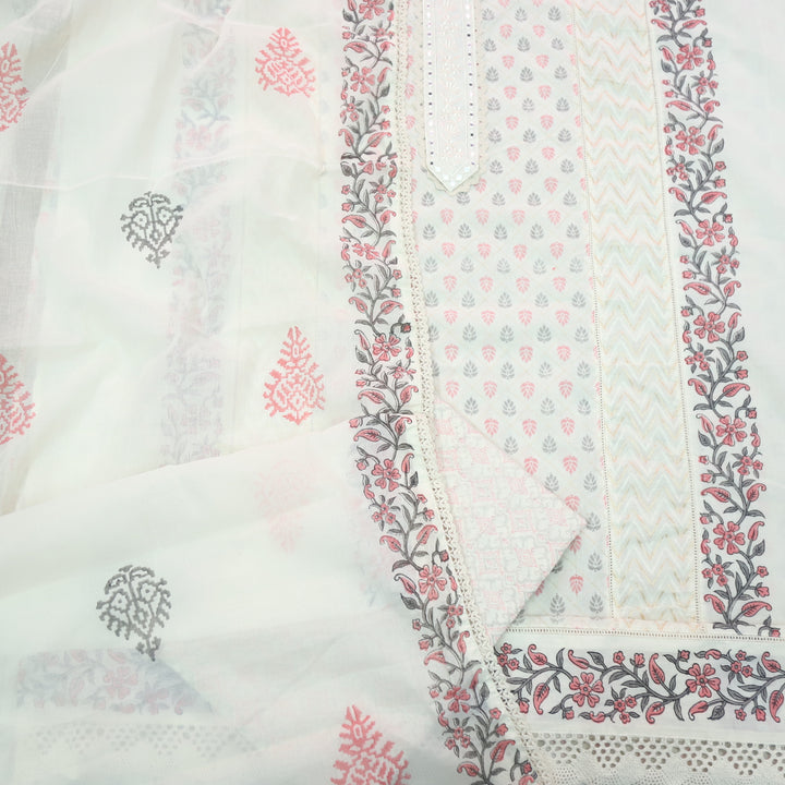 Humsafar White with Soft Pink Lace Work Printed Cotton Suit Set