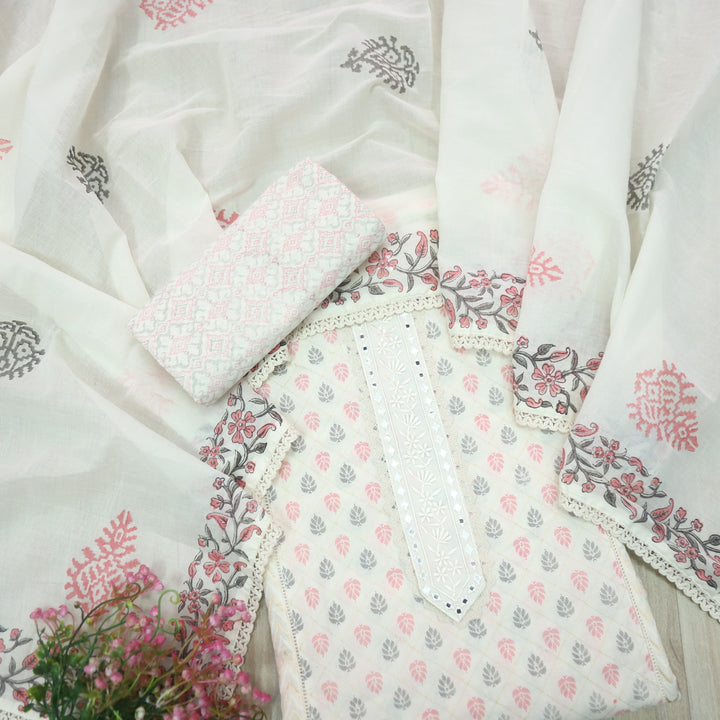 Humsafar White with Soft Pink Lace Work Printed Cotton Suit Set