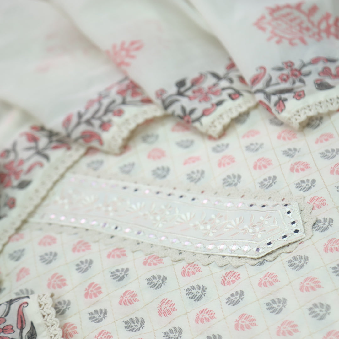 Humsafar White with Soft Pink Lace Work Printed Cotton Suit Set