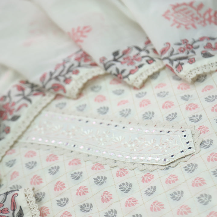 Humsafar White with Soft Pink Lace Work Printed Cotton Suit Set