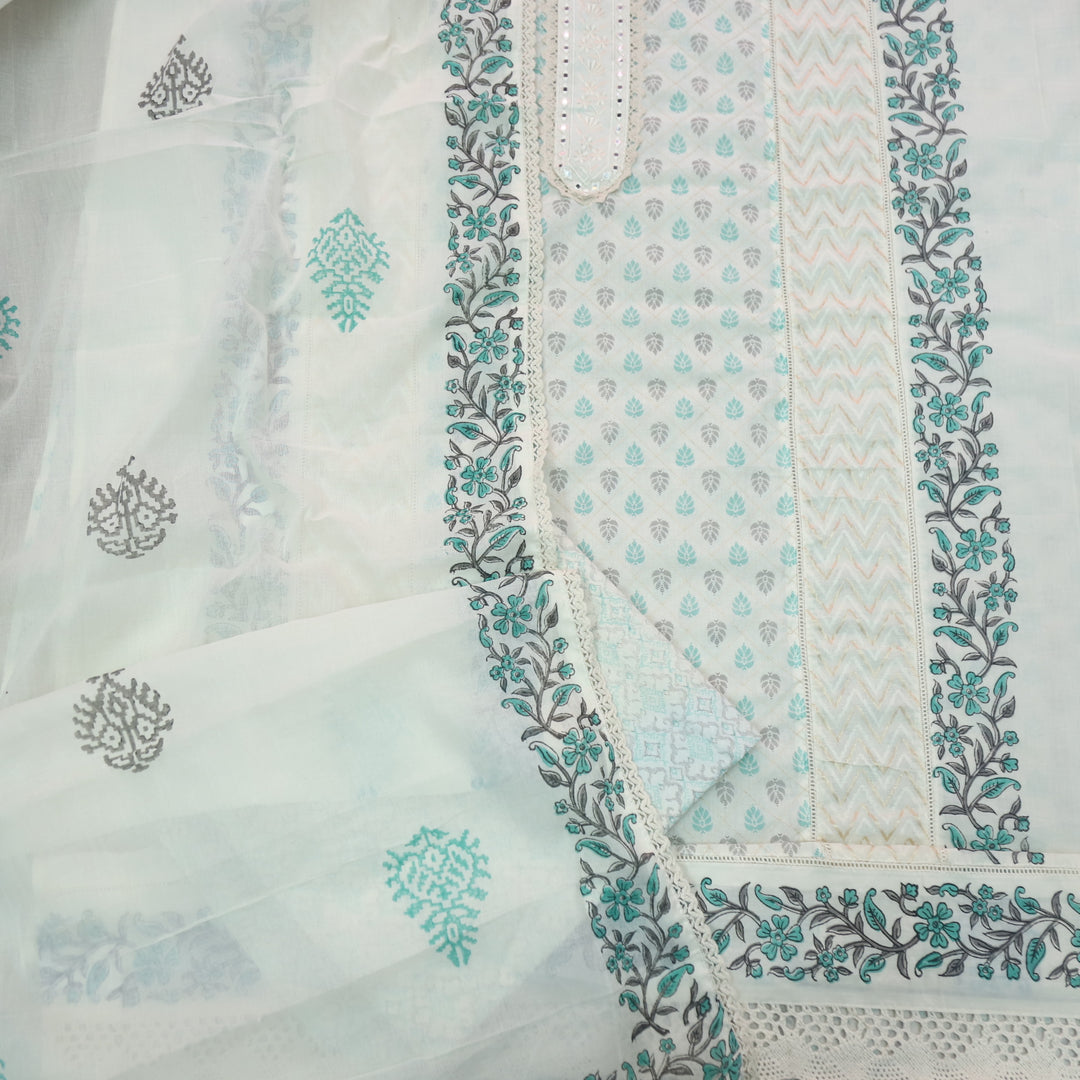 Humsafar White with Teal Blue Lace Work Printed Cotton Suit Set