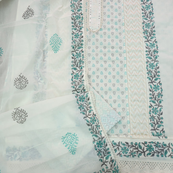 Humsafar White with Teal Blue Lace Work Printed Cotton Suit Set