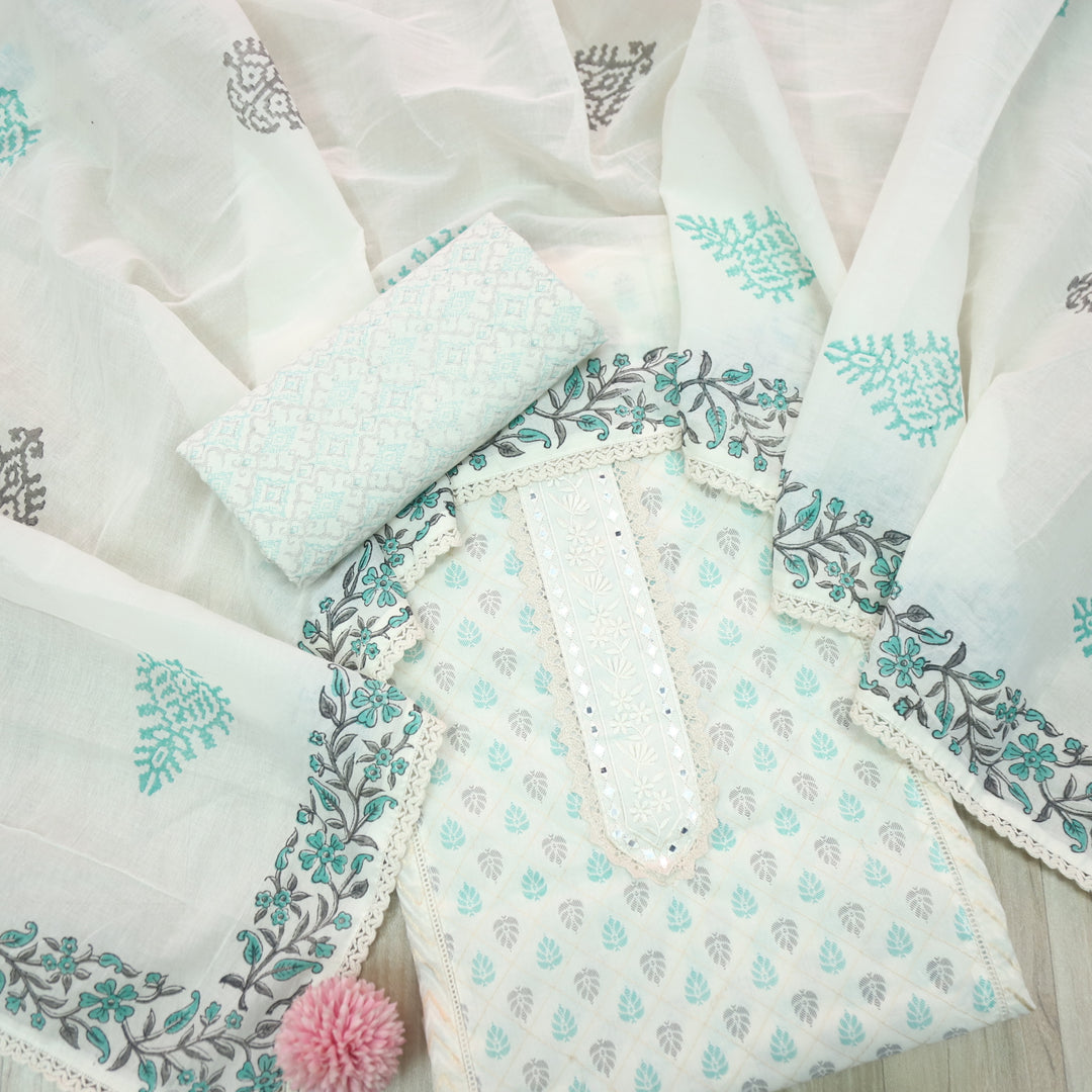 Humsafar White with Teal Blue Lace Work Printed Cotton Suit Set