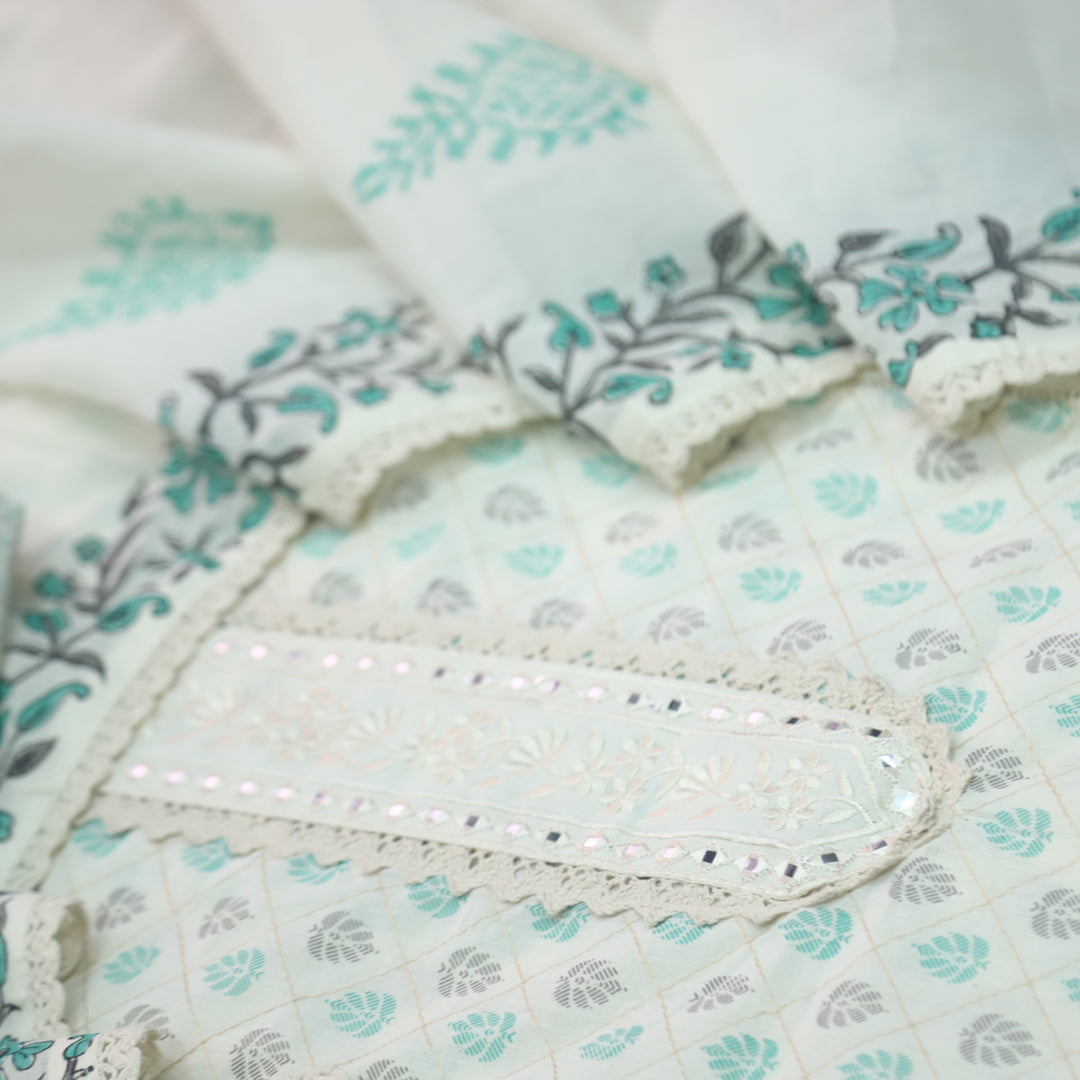 Humsafar White with Teal Blue Lace Work Printed Cotton Suit Set