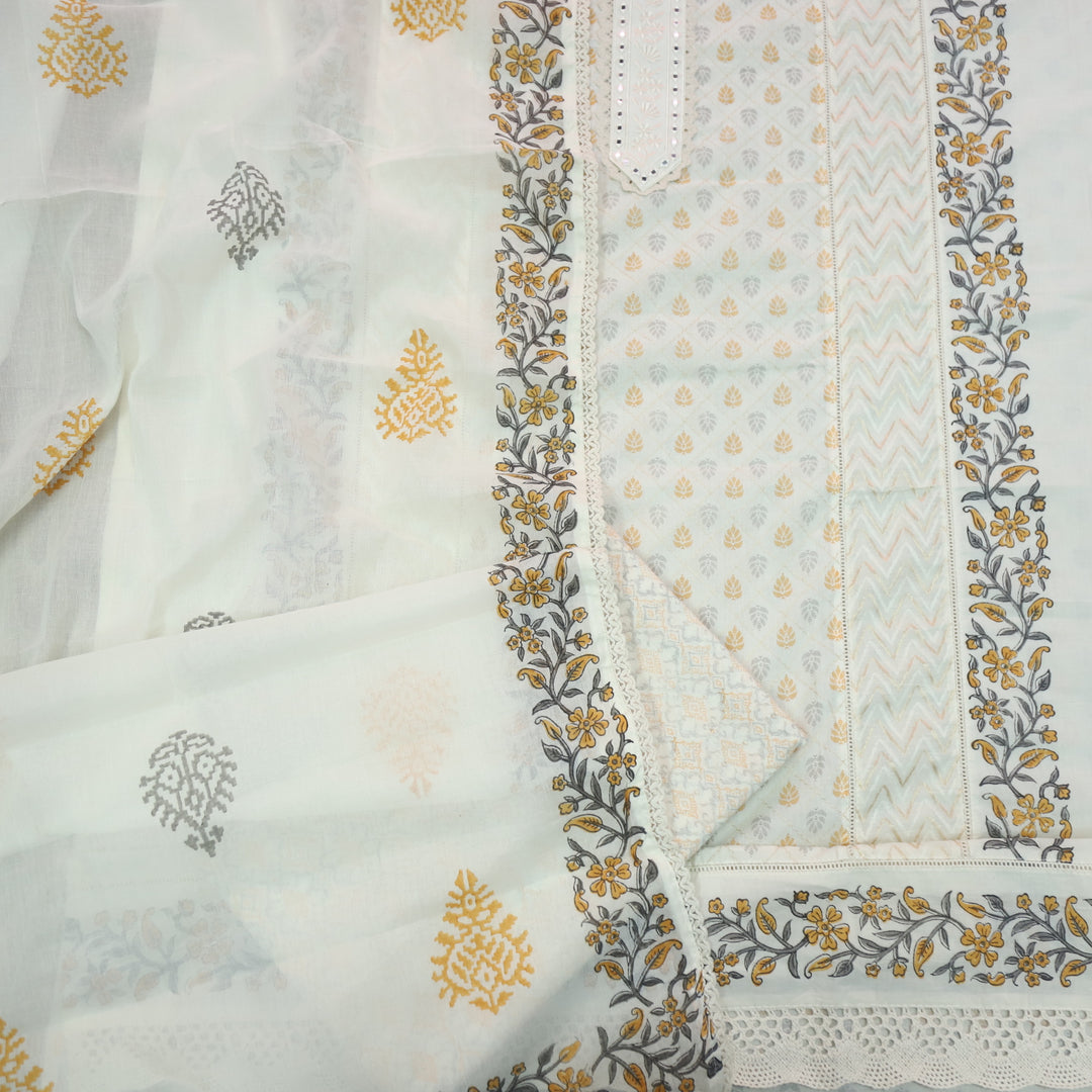 Humsafar White with Yellow Lace Work Printed Cotton Suit Set