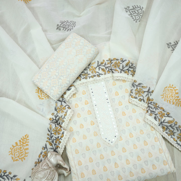 Humsafar White with Yellow Lace Work Printed Cotton Suit Set