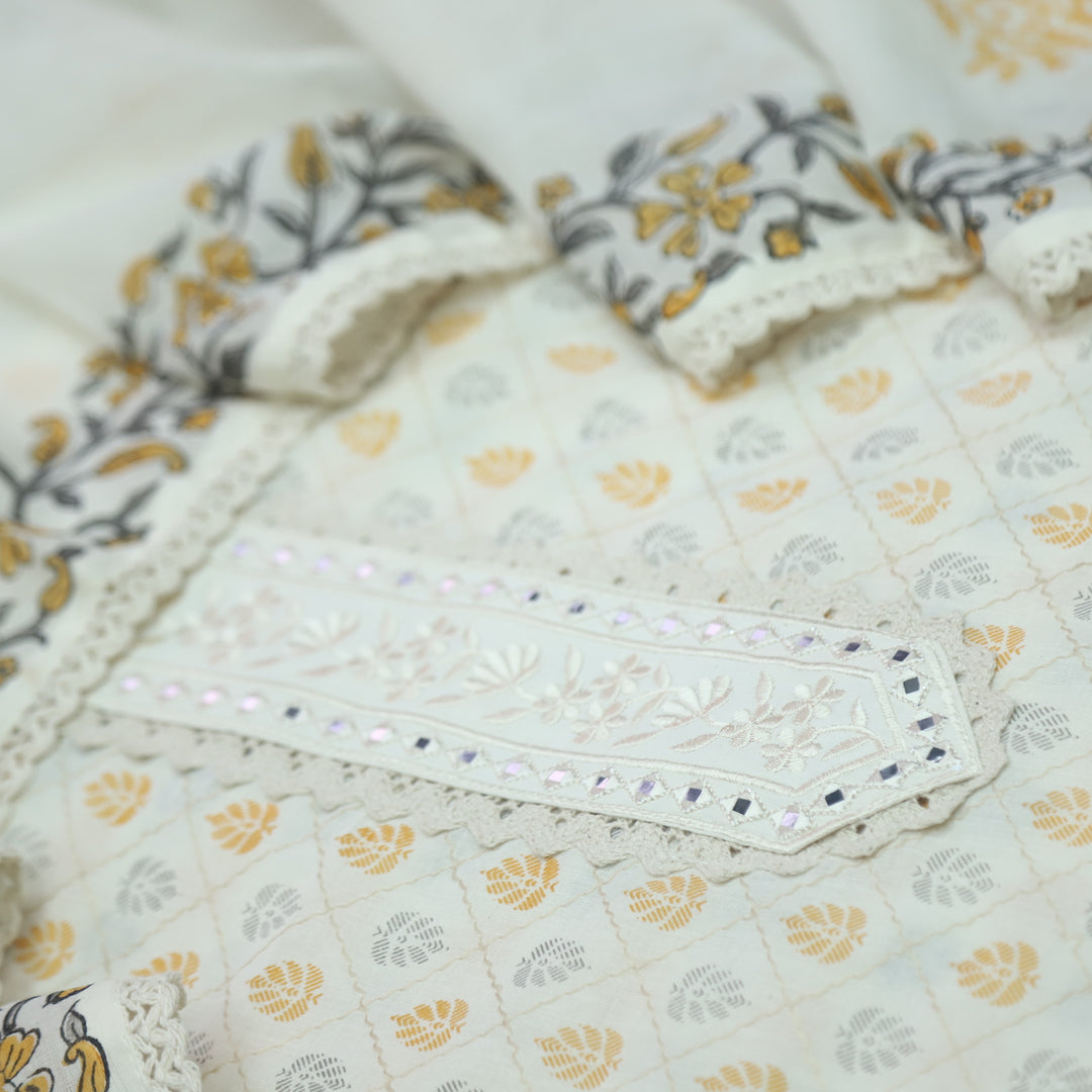 Humsafar White with Yellow Lace Work Printed Cotton Suit Set