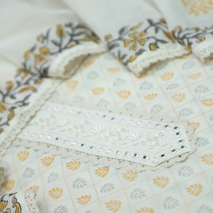 Humsafar White with Yellow Lace Work Printed Cotton Suit Set