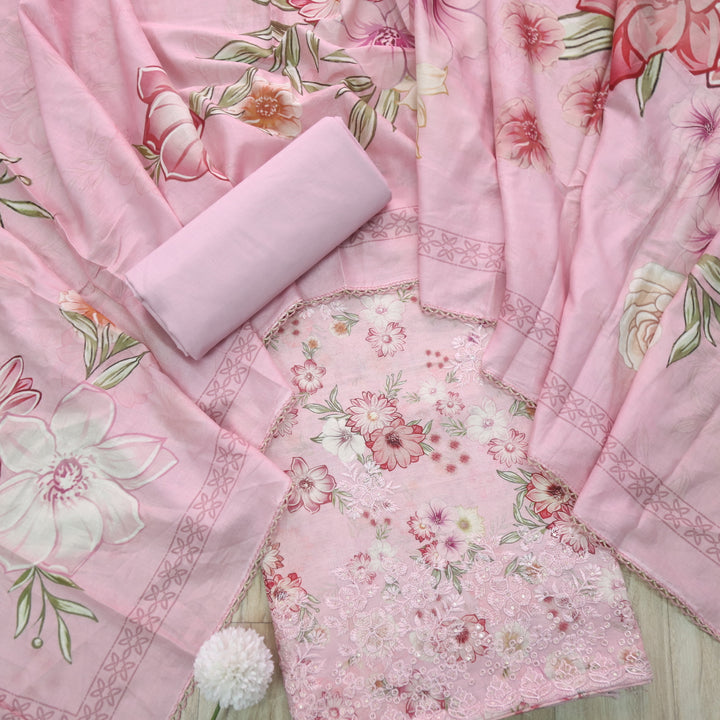 Hamsafar Flamingo Pink Thread Work Hem Floral Printed Cotton Suit Set