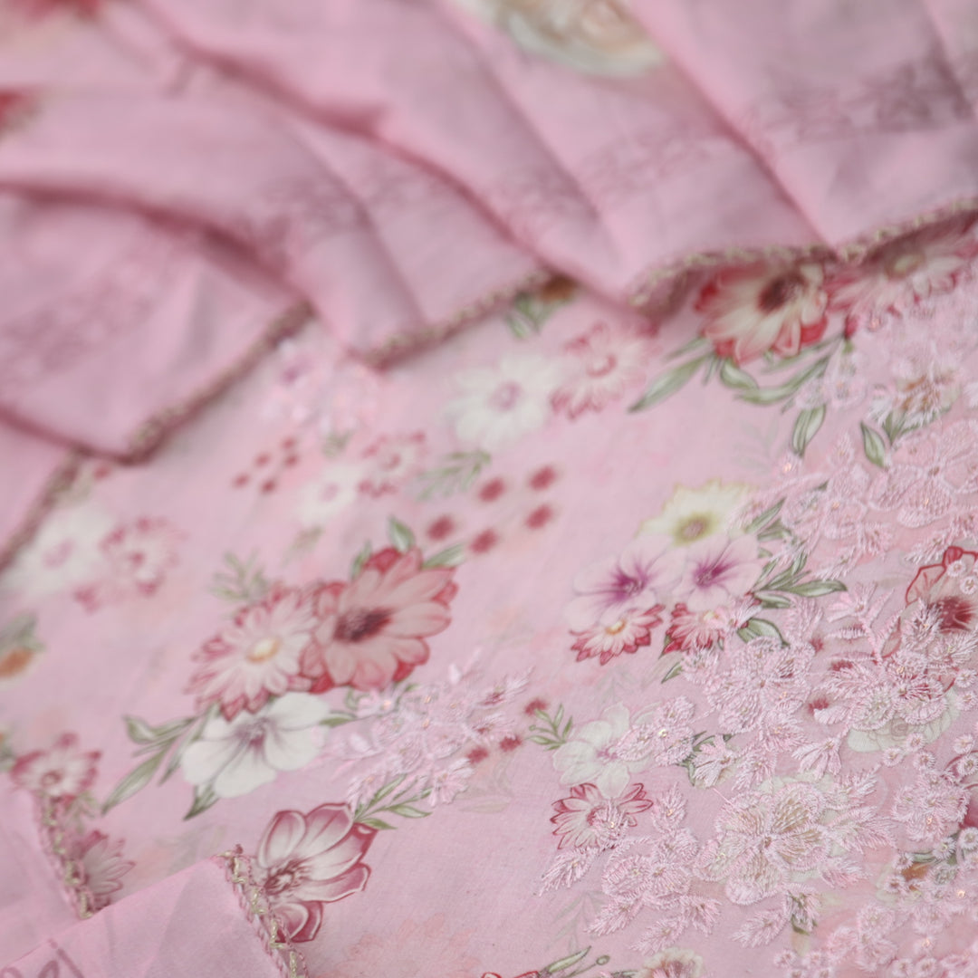 Hamsafar Flamingo Pink Thread Work Hem Floral Printed Cotton Suit Set