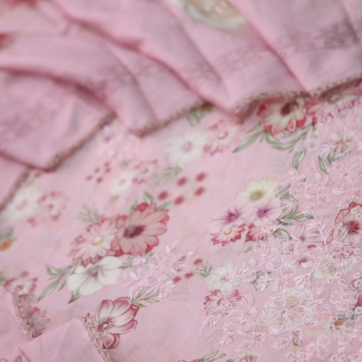 Hamsafar Flamingo Pink Thread Work Hem Floral Printed Cotton Suit Set