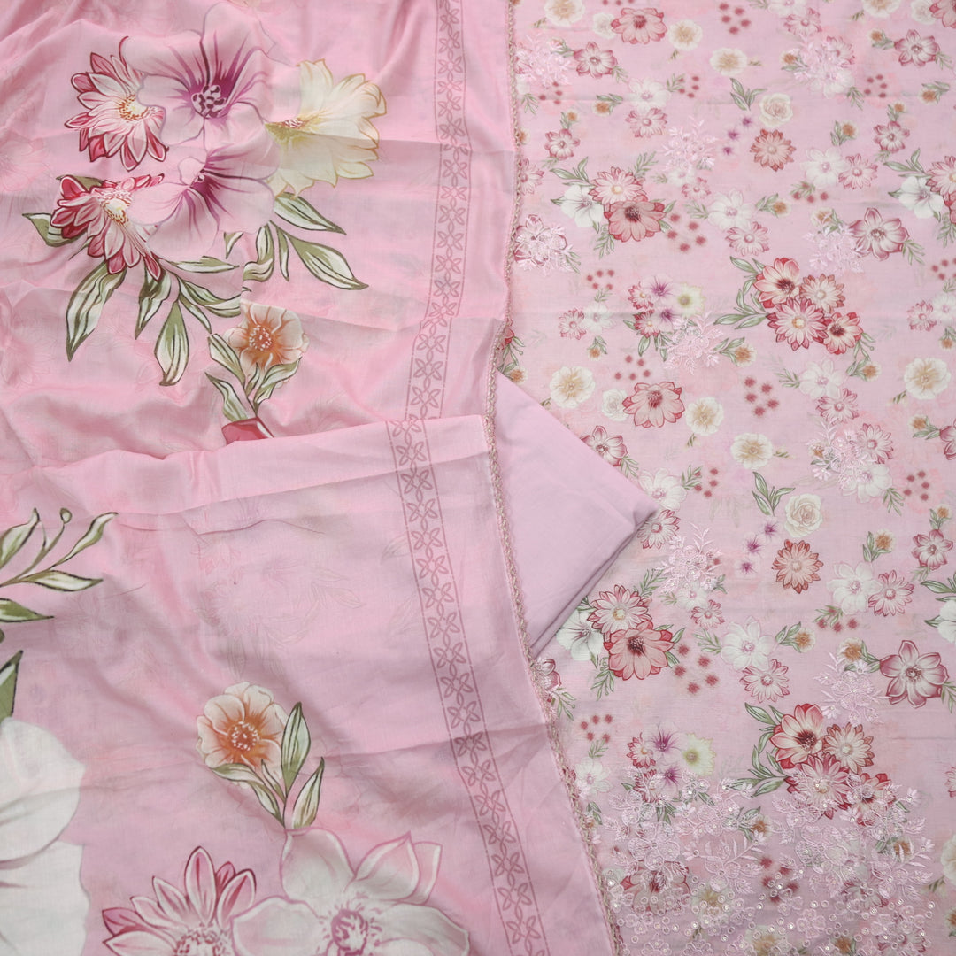 Hamsafar Flamingo Pink Thread Work Hem Floral Printed Cotton Suit Set