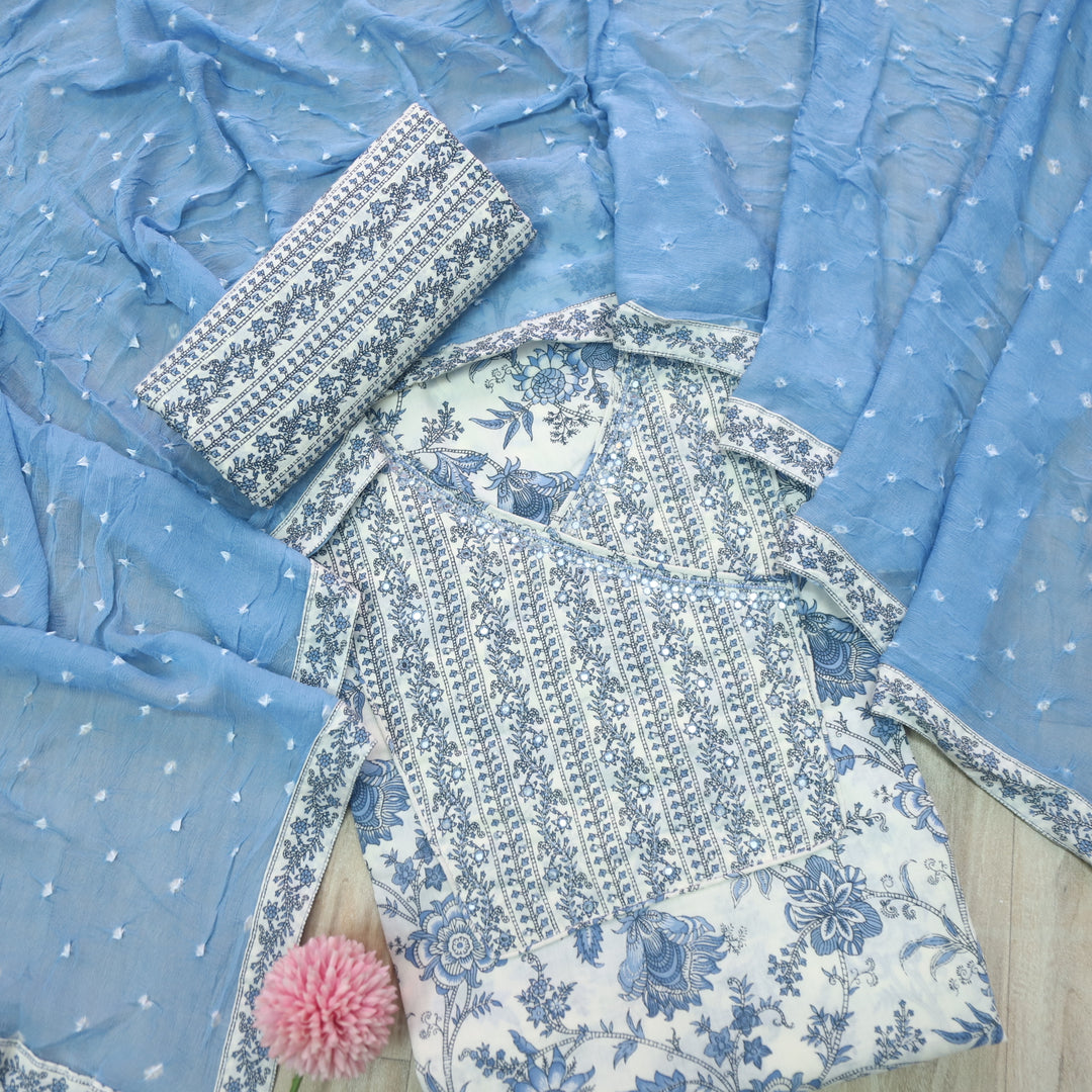 Raina Pearl White with Moti Neck Work Angrakha Style Printed Cotton Suit Set