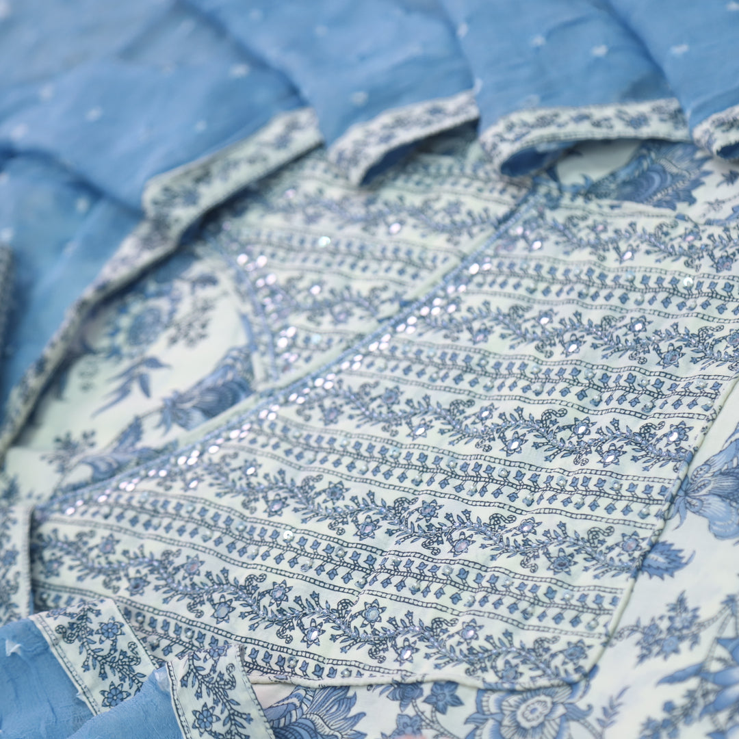 Raina Pearl White with Moti Neck Work Angrakha Style Printed Cotton Suit Set