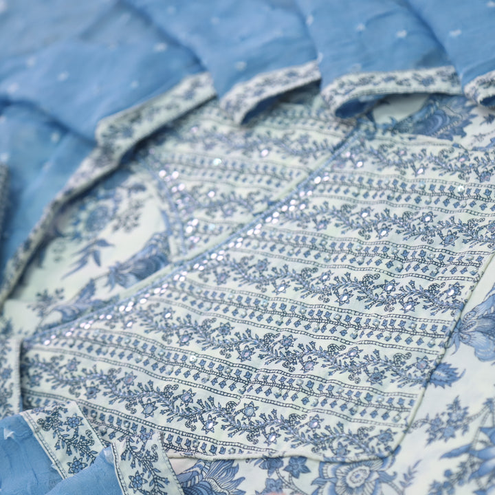 Raina Pearl White with Moti Neck Work Angrakha Style Printed Cotton Suit Set