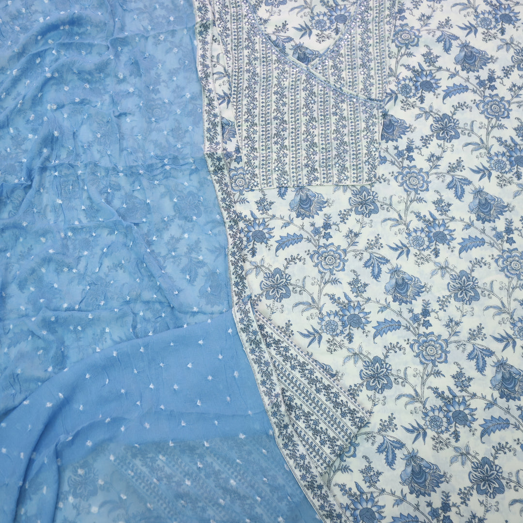 Raina Pearl White with Moti Neck Work Angrakha Style Printed Cotton Suit Set