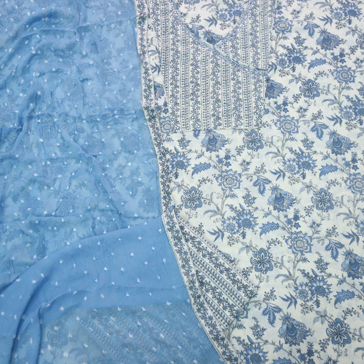 Raina Pearl White with Moti Neck Work Angrakha Style Printed Cotton Suit Set