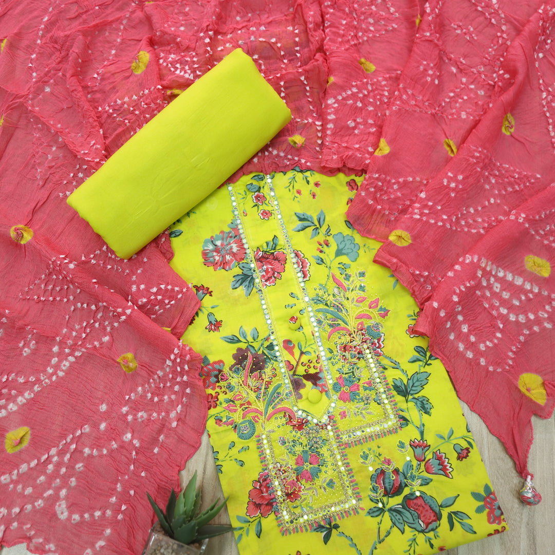 Raina Neon Green Button Neck Work Floral Printed Cotton Suit Set