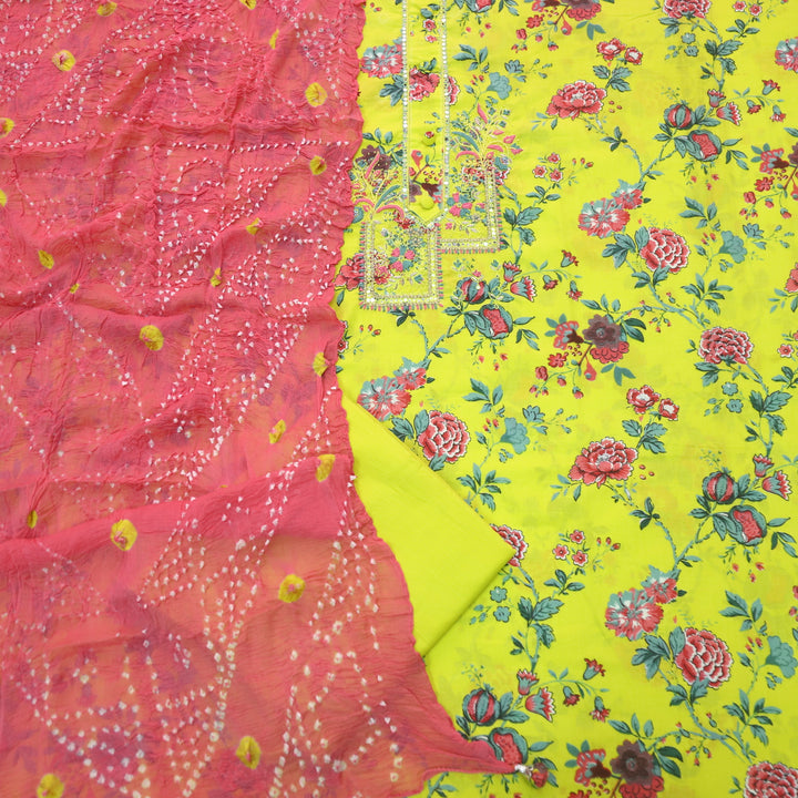 Raina Neon Green Button Neck Work Floral Printed Cotton Suit Set