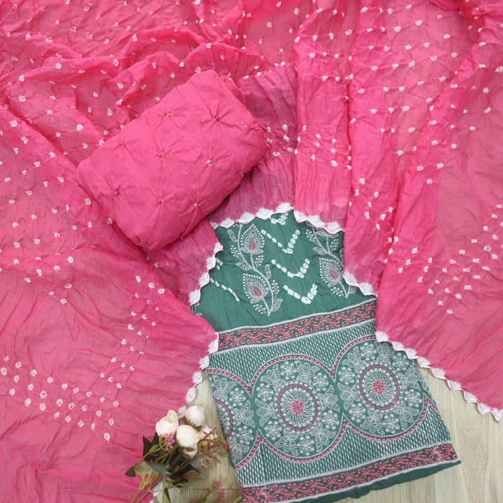 Bandegi Sacramento Green Authentic Bandhej with Thread Work Cotton Suit Set