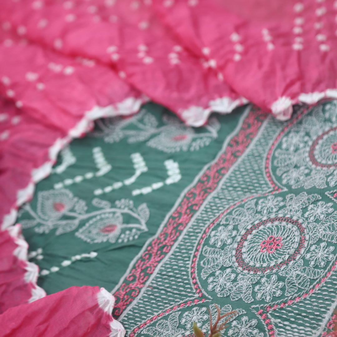 Bandegi Sacramento Green Authentic Bandhej with Thread Work Cotton Suit Set