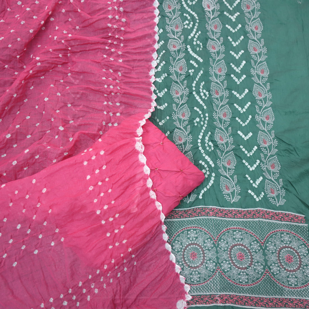 Bandegi Sacramento Green Authentic Bandhej with Thread Work Cotton Suit Set