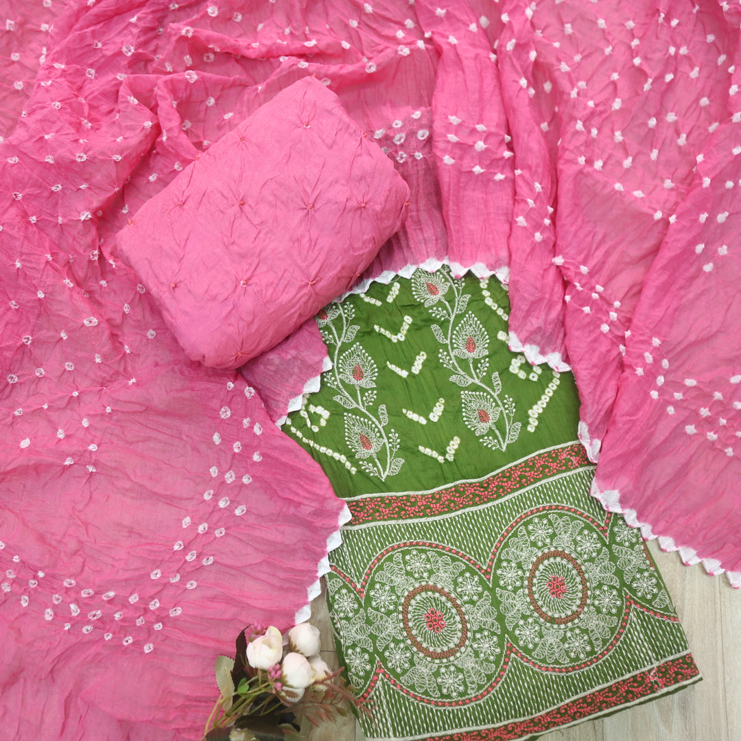 Bandegi Grass Green Authentic Bandhej with Thread Work Cotton Suit Set