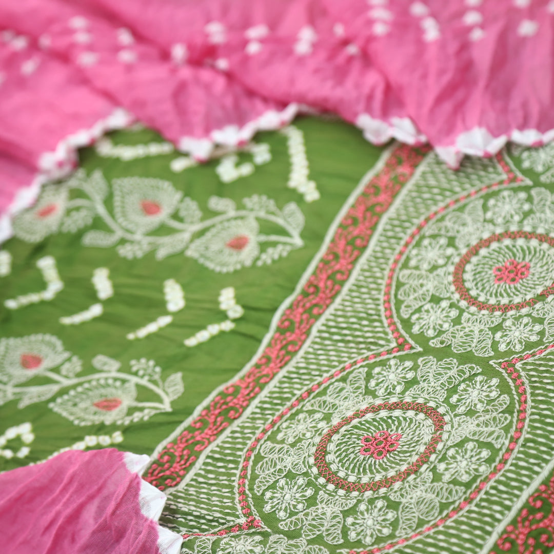 Bandegi Grass Green Authentic Bandhej with Thread Work Cotton Suit Set