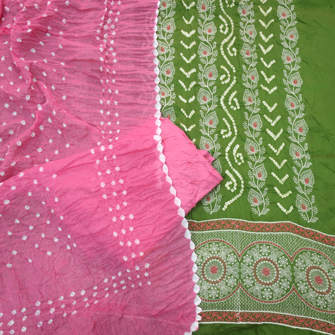 Bandegi Grass Green Authentic Bandhej with Thread Work Cotton Suit Set