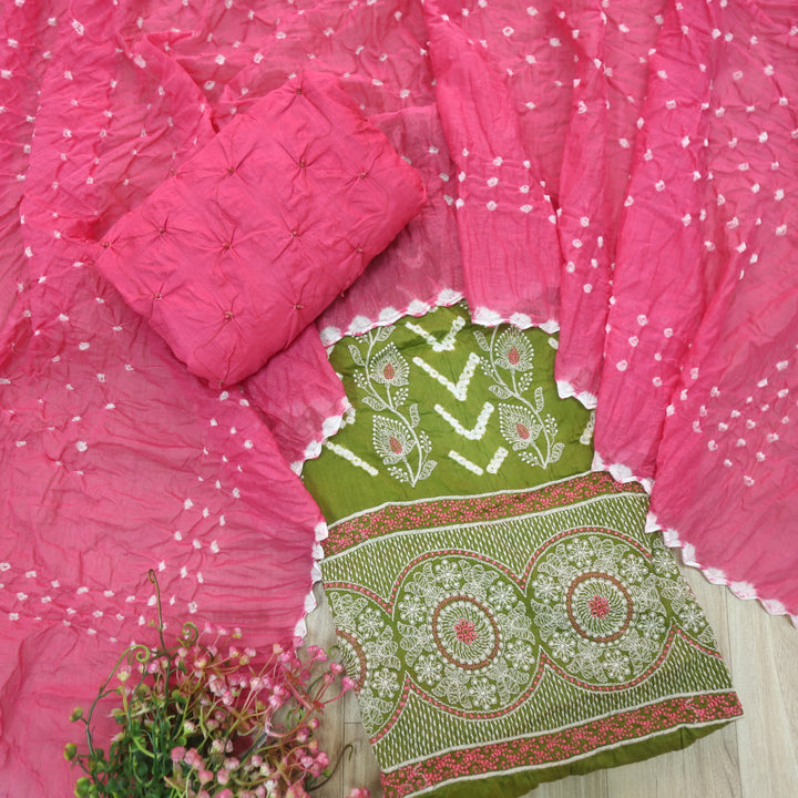 Bandegi Parrot Green Authentic Bandhej with Thread Work Cotton Suit Set