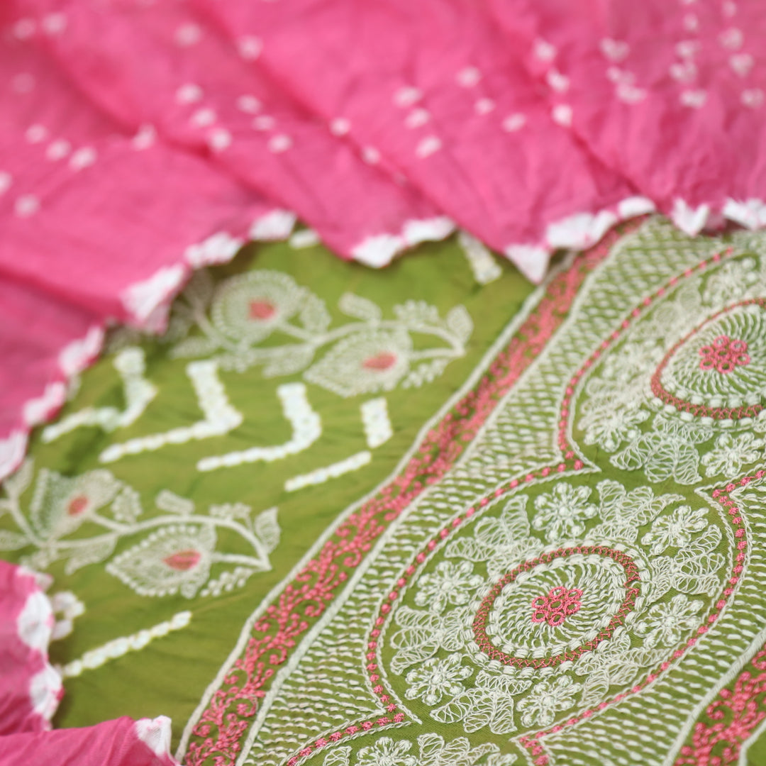 Bandegi Parrot Green Authentic Bandhej with Thread Work Cotton Suit Set