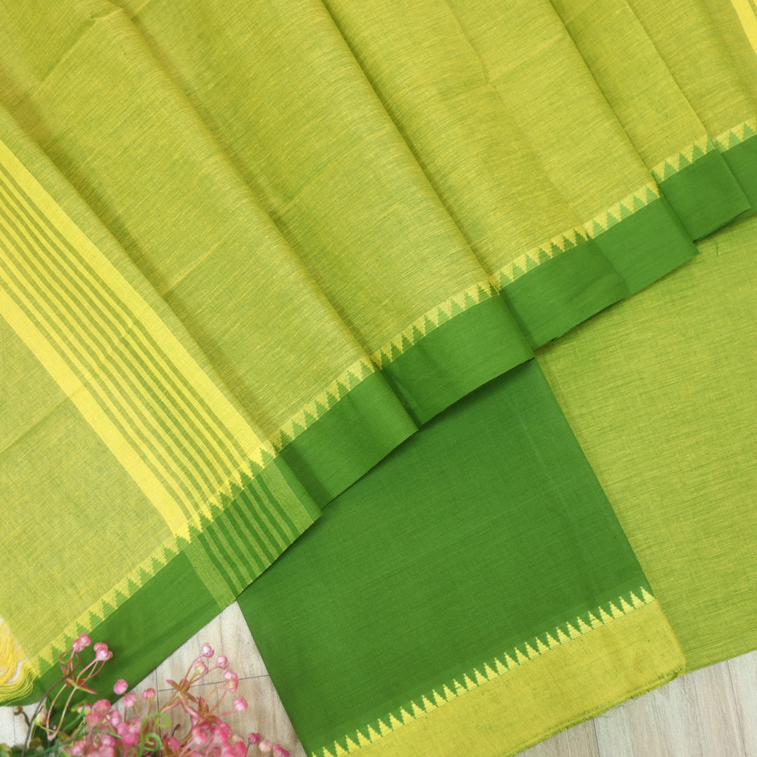 Sanskruti Parrot Green with Yellow Dupatta South Cotton Temple Hem Suit Set