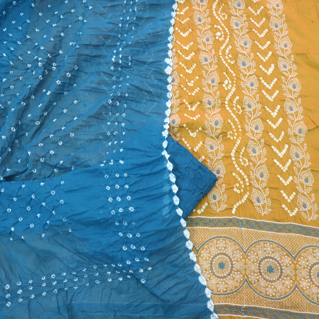 Bandegi Mustard Yellow Authentic Bandhej with Thread Work Cotton Suit Set